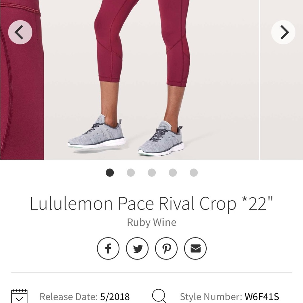 Lululemon Pace Rival Crop 22” ruby wine size 8